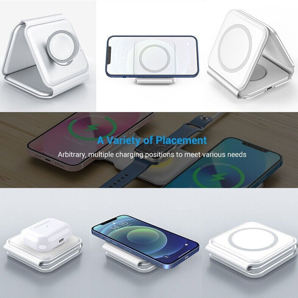 15W Magnetic Wireless Charger Pad for MagSafe Compatible with iPhone and Apple Watch - 3 in 1 Foldable Design