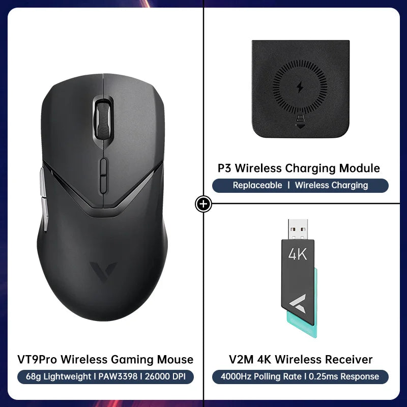 VT9PRO PAW3398 Wireless Gaming Mouse 68G Wired Programmable Ergonomic Mice 26000DPI Type C Rechargeable Pc Gamer Accessory