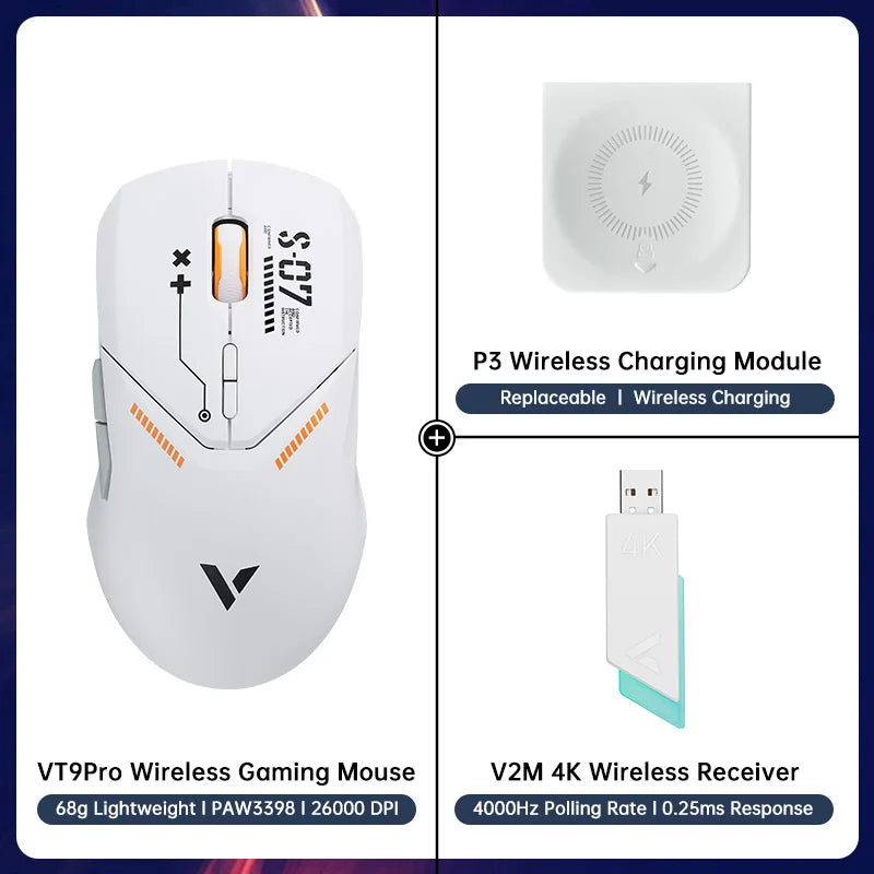 VT9PRO PAW3398 Wireless Gaming Mouse 68G Wired Programmable Ergonomic Mice 26000DPI Type C Rechargeable Pc Gamer Accessory