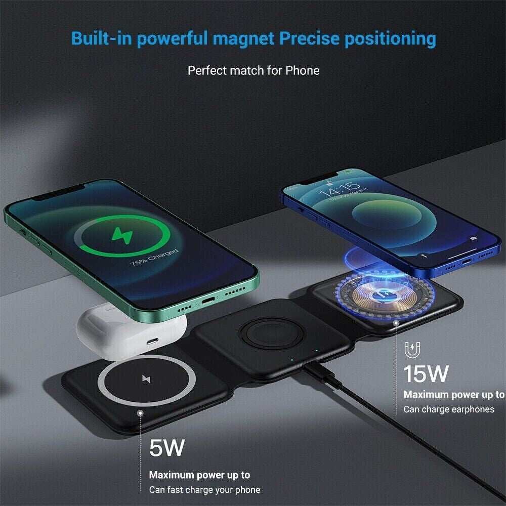 15W Magnetic Wireless Charger Pad for MagSafe Compatible with iPhone and Apple Watch - 3 in 1 Foldable Design