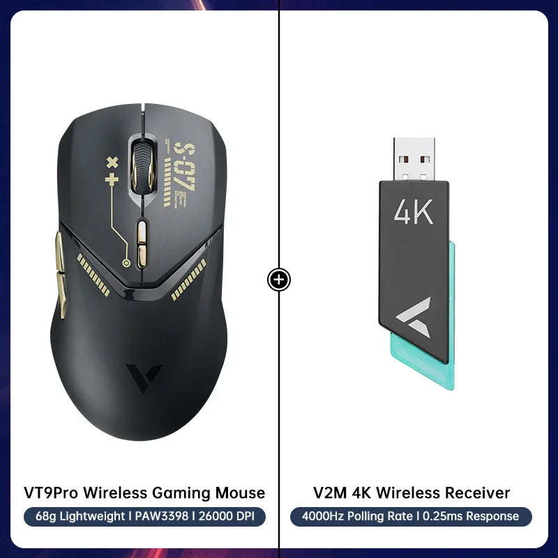 VT9PRO PAW3398 Wireless Gaming Mouse 68G Wired Programmable Ergonomic Mice 26000DPI Type C Rechargeable Pc Gamer Accessory